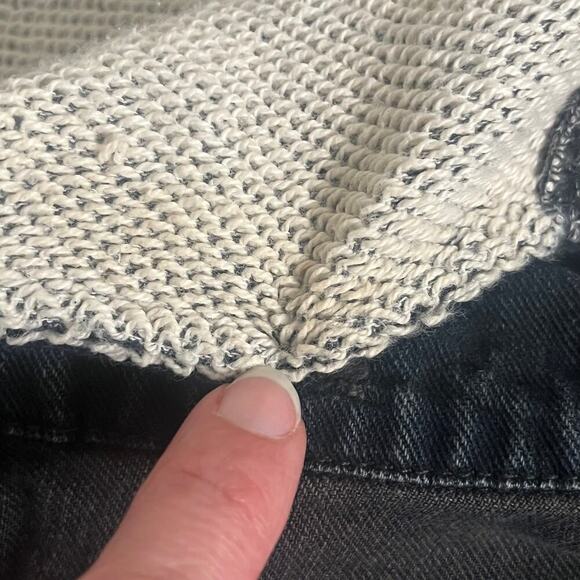 Free People Black Denim Trucker Jacket Hooded Distressed Knit Sleeves Size S - Picture 10 of 12